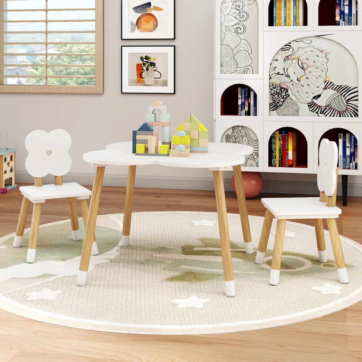 Flower-shaped Kids Table Set with 2 Child-sized Chairs and Wood Legs-White