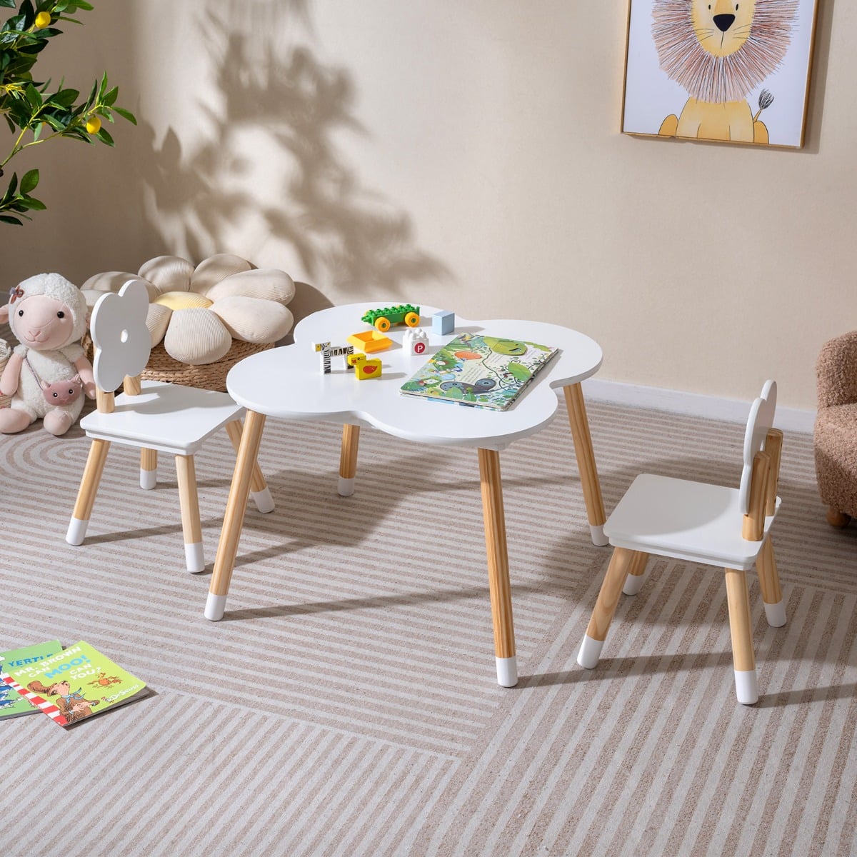 Flower-shaped Kids Table Set with 2 Child-sized Chairs and Wood Legs-White