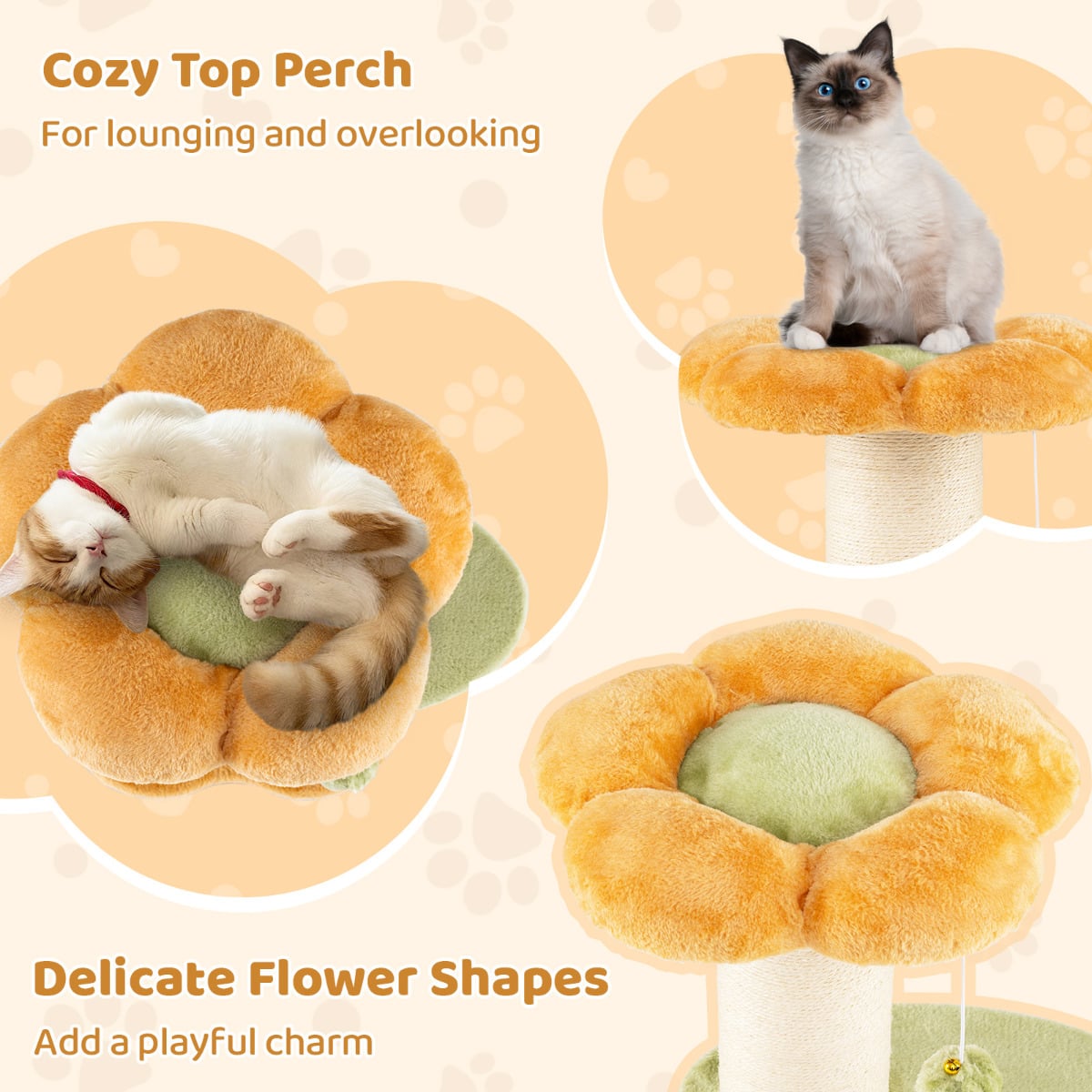 Flower Cat Tree 69 CM Tall Kitten Tower with Hanging Ball-Yellow
