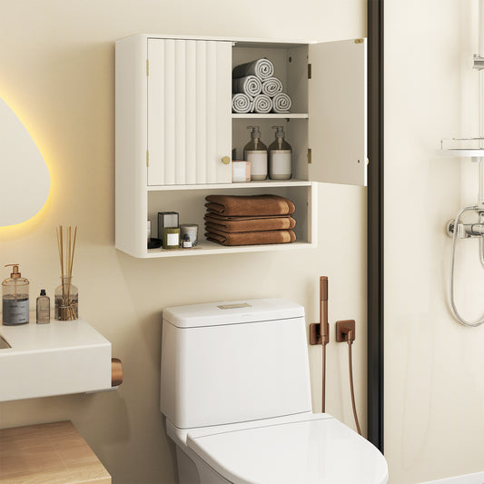 Beige bathroom wall cabinet with double doors, open to show towels and toiletries inside