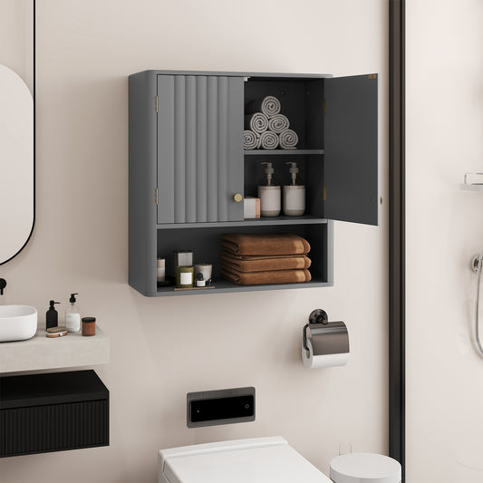 The bathroom wall cabinet is shown in use with one door open, displaying toiletries and towels