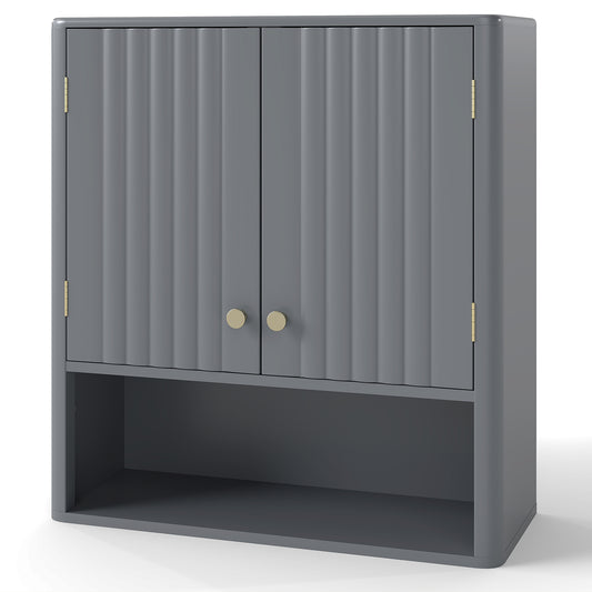 Fluted Bathroom Wall Cabinet a modern grey double door medicine cabinet with a shelf below