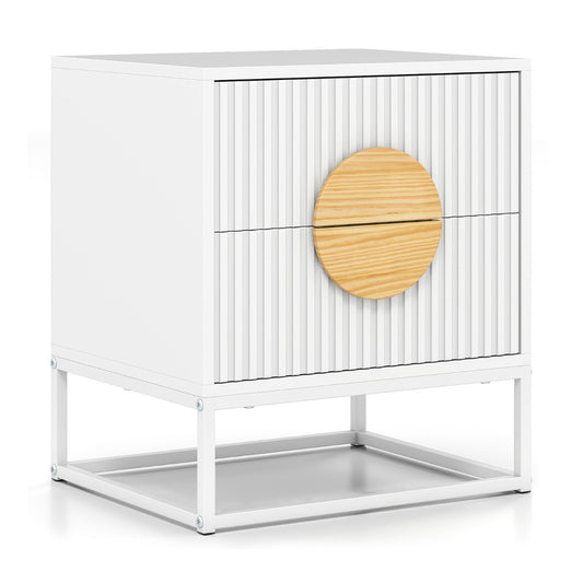 Fluted Nightstand Modern Mid Century Side Table in white with a fluted design and round wooden drawer fronts