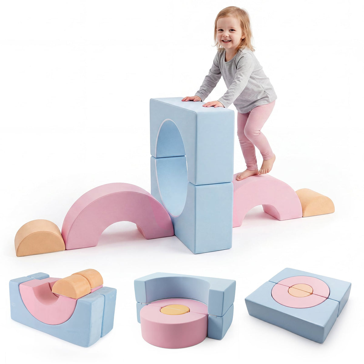 Foam Climbing Blocks with a toddler climbing on the largest piece
