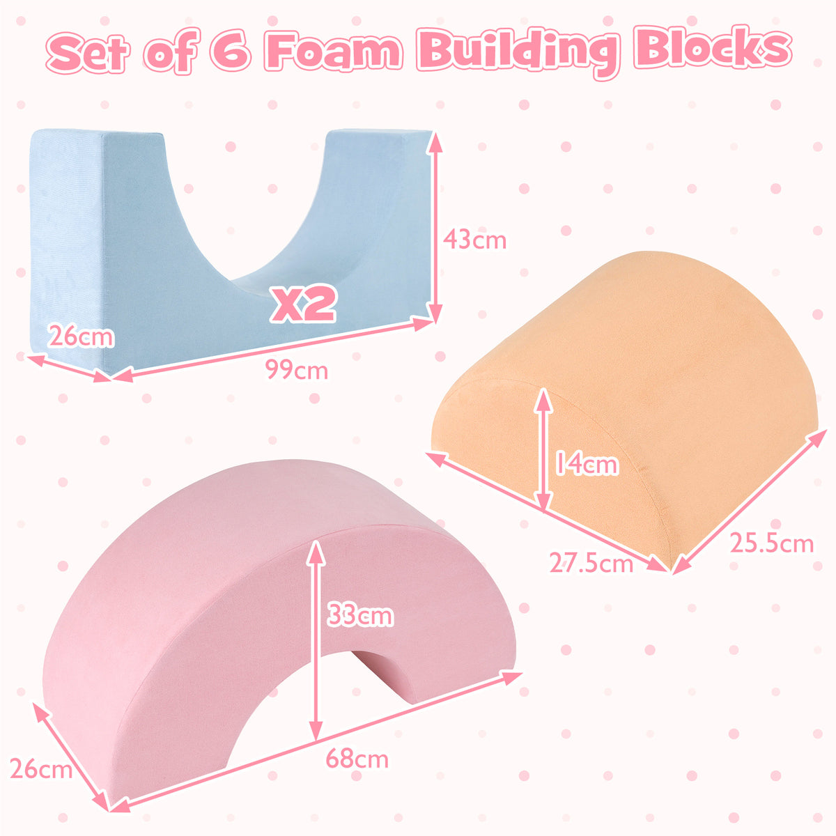 Diagram showing the dimensions of the foam climbing blocks
