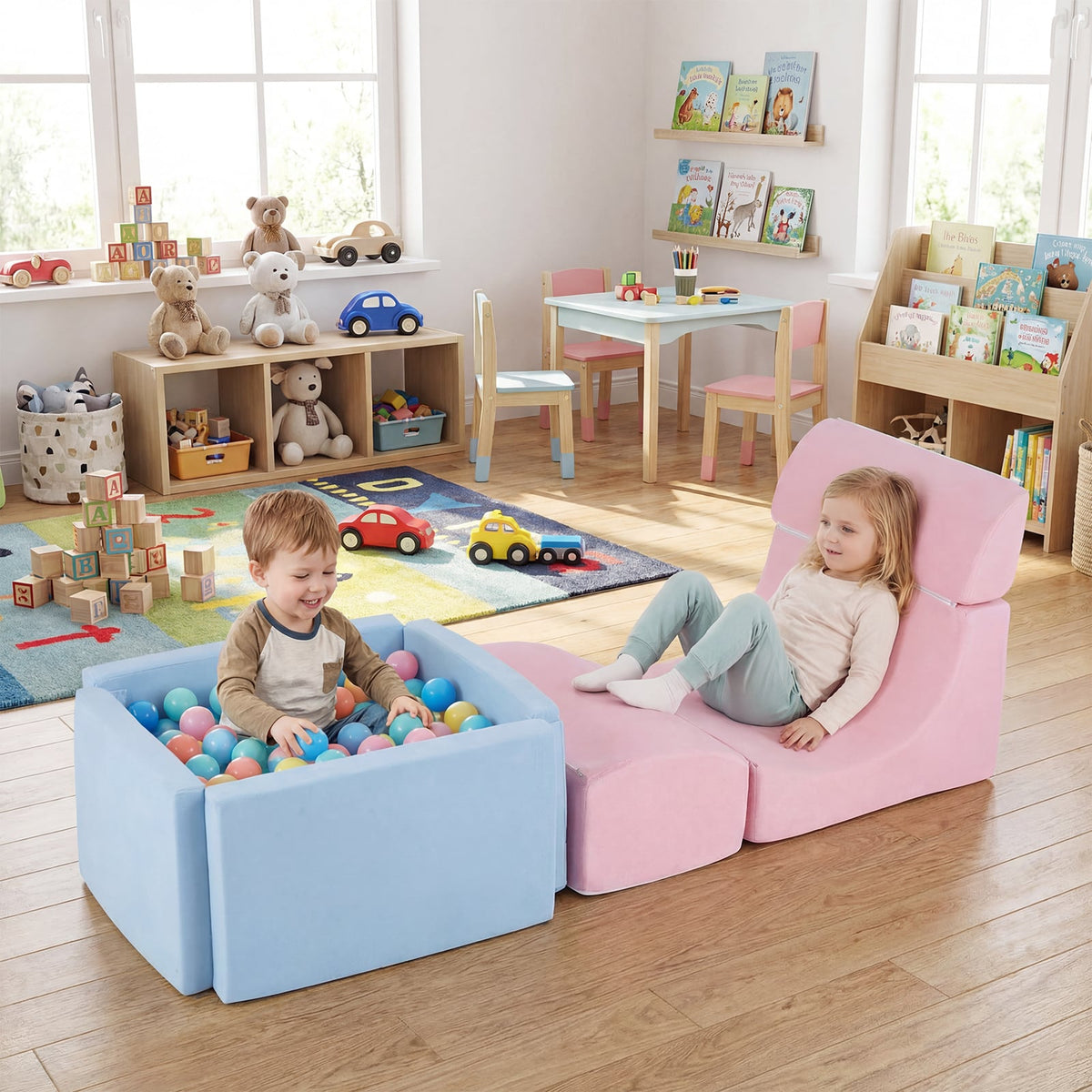 Two toddlers playing in a colourful soft play set with a ball pit and slide in a playroom