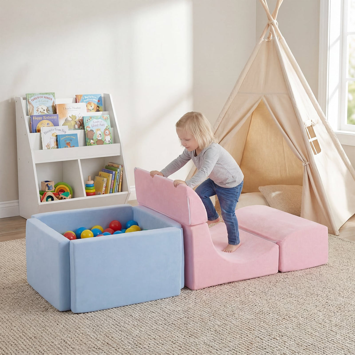 Toddler climbing the pink soft play set slide next to a blue ball pit in a nursery