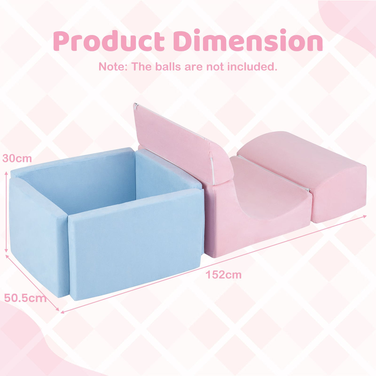 Soft play set dimensions shown with blue ball pit and pink slide pieces