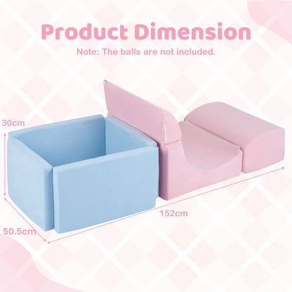 Soft play set dimensions shown with blue ball pit and pink slide pieces