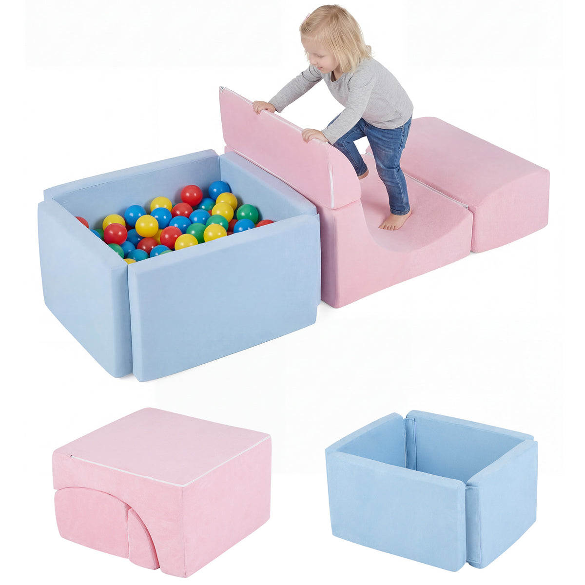 Pink and blue soft play blocks including a ball pit and slide pieces