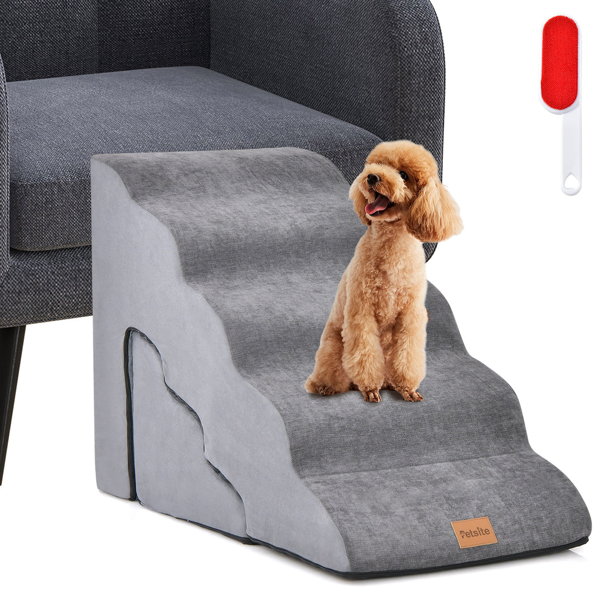 Foam Pet Stairs Set with 5 tiers and 3 tiers in grey fabric, a small dog sits on top