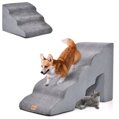 A 5-tier and a 3-tier grey foam dog ramp with dogs and a cat