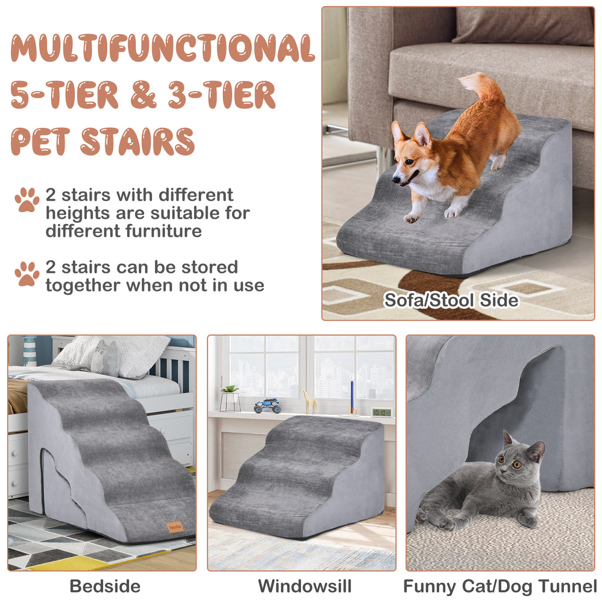 Multifunctional pet stairs and ramps shown in different room settings and configurations