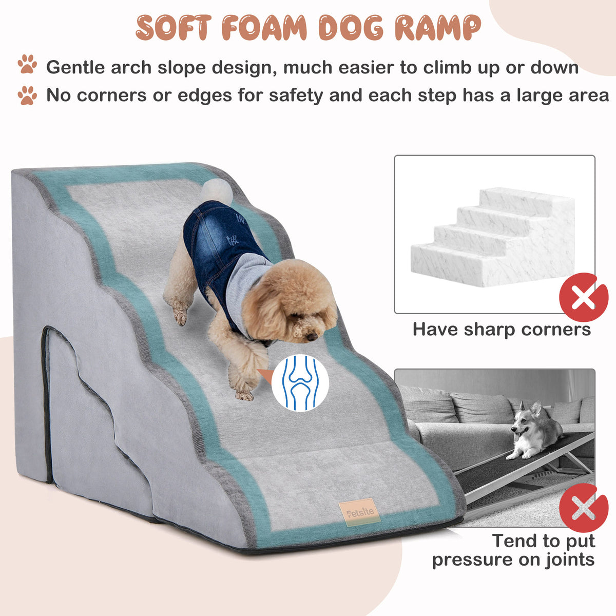 Soft foam dog ramp with a dog wearing a jacket, showing safety features