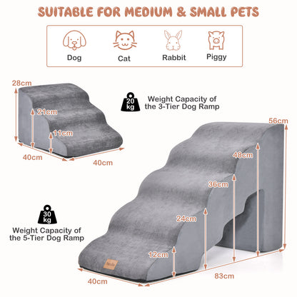 Size and weight capacity diagrams for the 3-tier and 5-tier grey foam dog ramps
