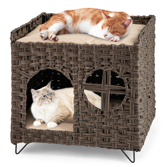 Foldable 2-tier Rattan Cat House Wicker Kitten Condo with two cats inside and on top