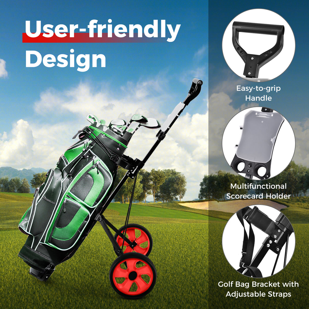 Close up of the red golf cart showing the easy-to-grip handle and scorecard holder