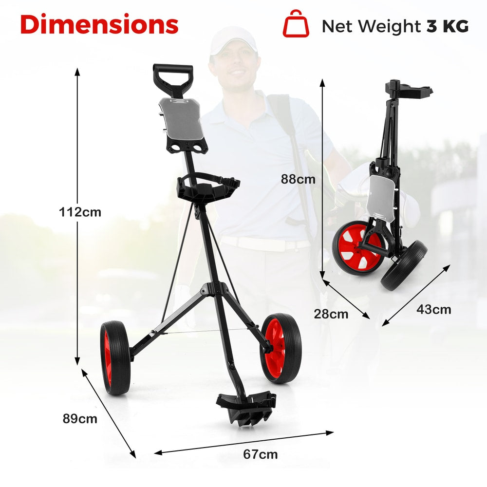 Dimensions diagram showing the red golf cart with measurements and net weight