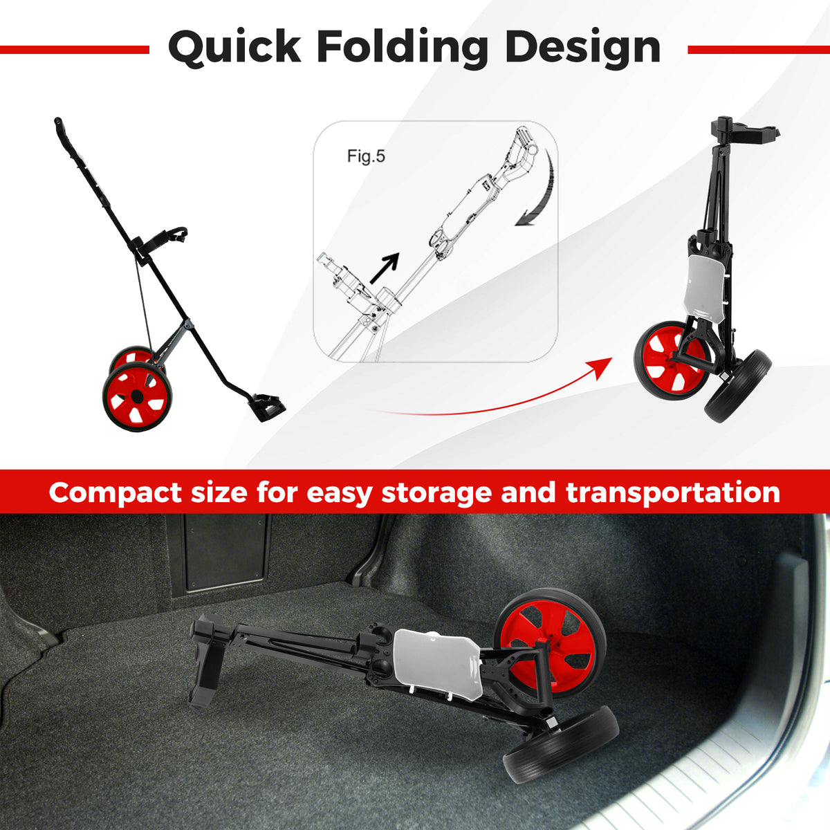 Diagram showing how to fold the red golf cart and the cart folded in a car boot