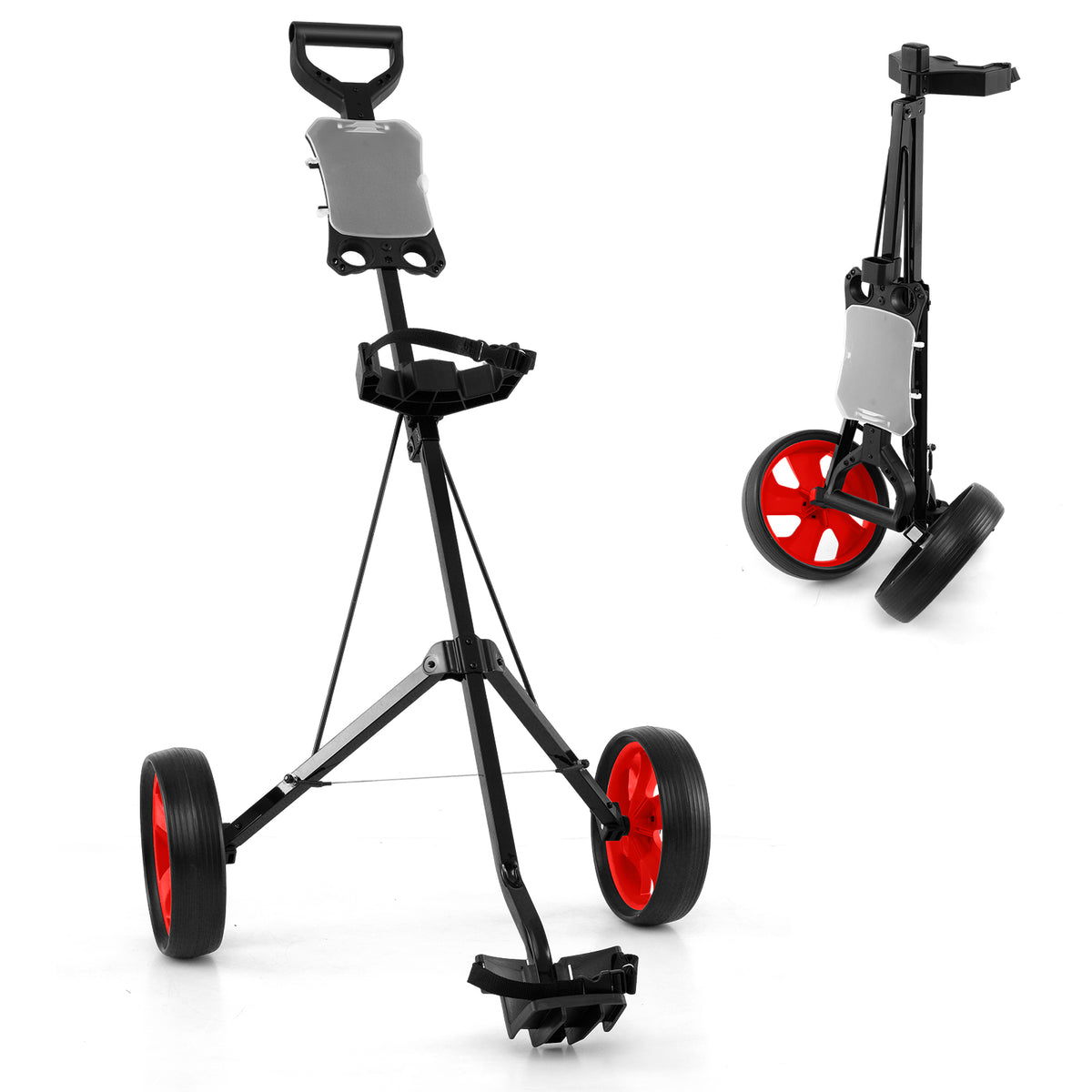 Foldable 2 Wheels Foldable Golf Cart with Scoreboard in red, shown from the front with one wheel turned