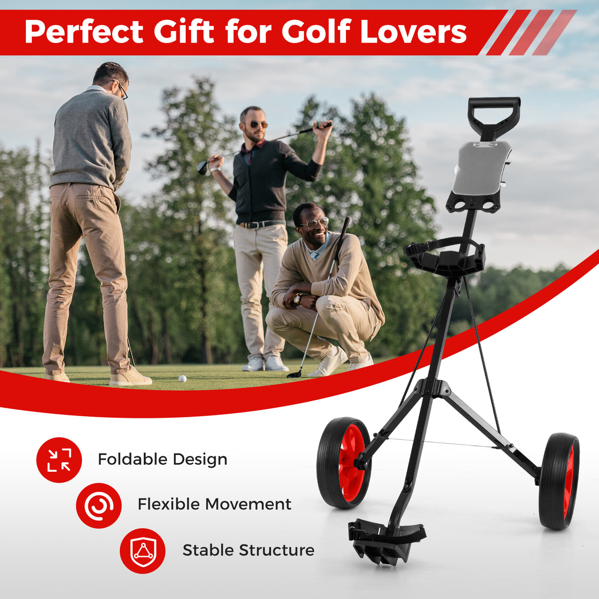 Three men playing golf with the red golf cart on a golf course, highlighting its features