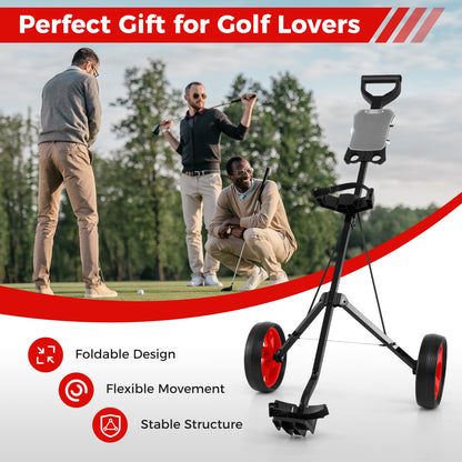 Three men playing golf with the red golf cart on a golf course, highlighting its features