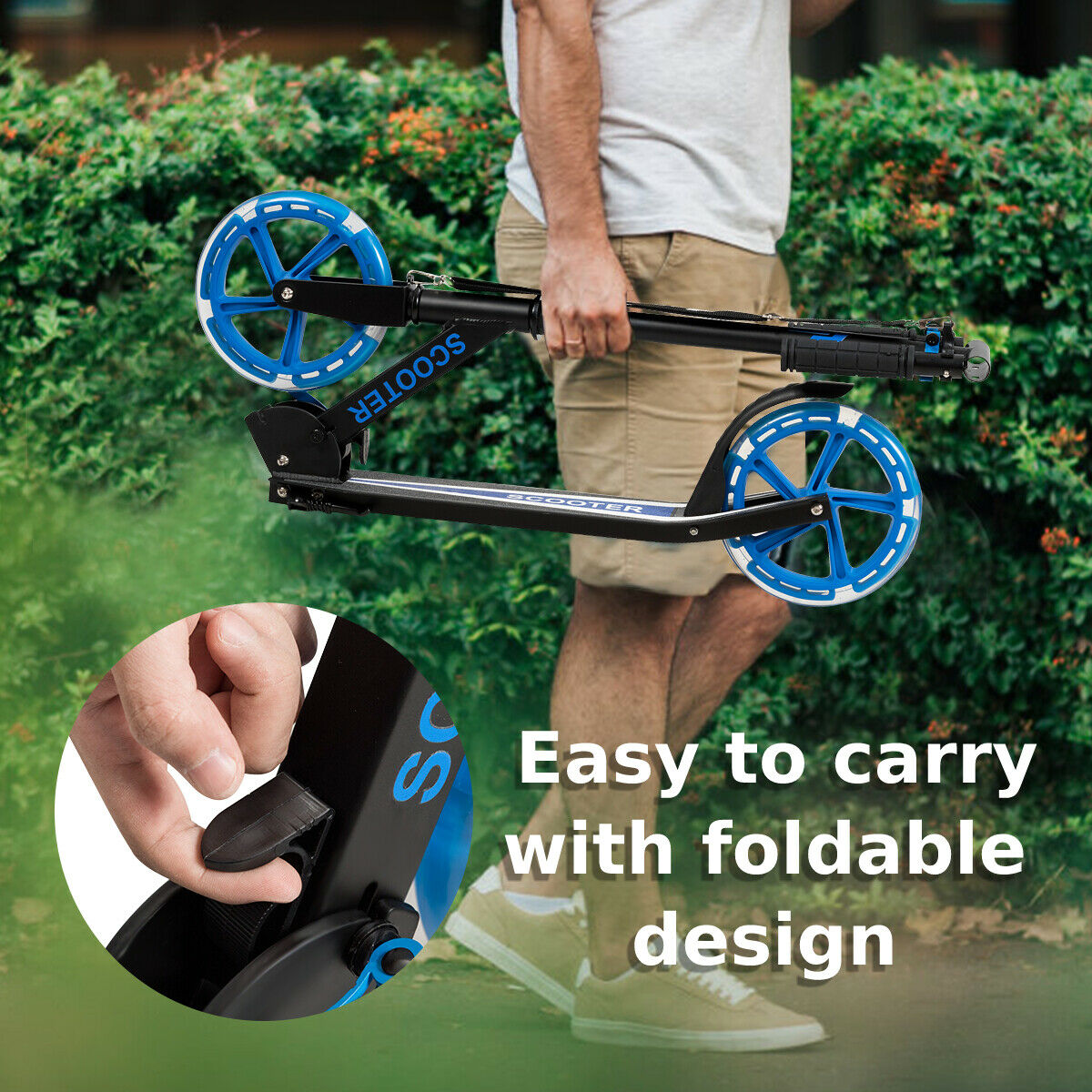 Man holding the folded blue kick scooter, highlighting its portability