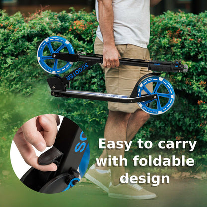 Man holding the folded blue kick scooter, highlighting its portability