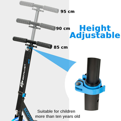 Close-up of the adjustable handlebar height mechanism on the blue kick scooter