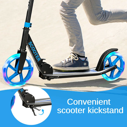 Close-up of the kickstand on the blue kick scooter, with text about convenience