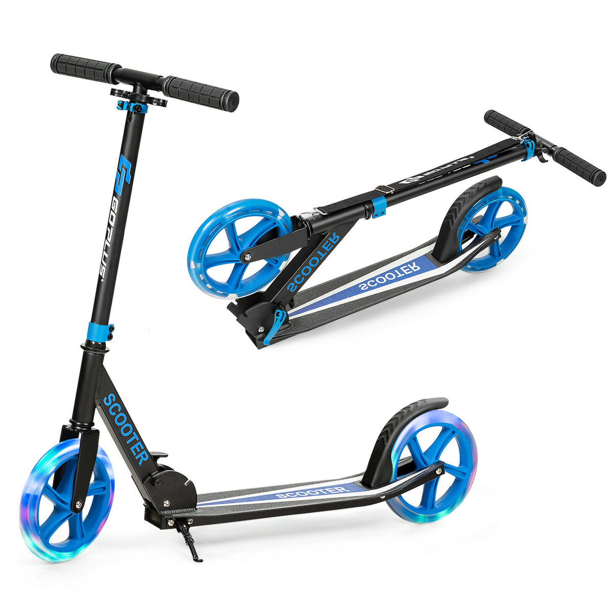 Foldable and Adjustable Kick Scooter with 2 Big Wheels and LED Lights-Blue, shown assembled and folded