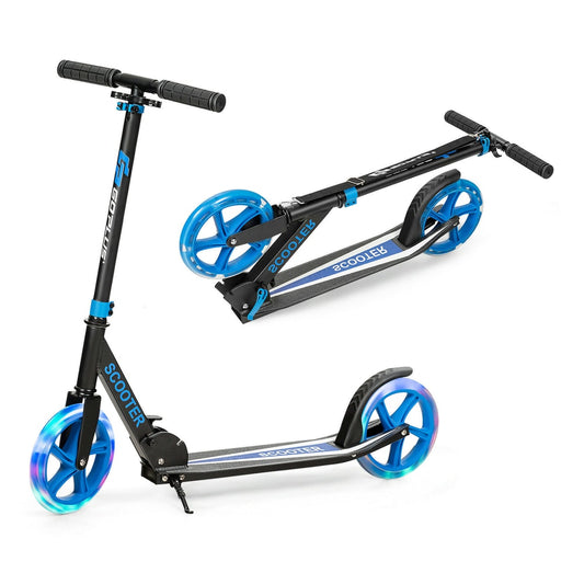 Foldable and Adjustable Kick Scooter with 2 Big Wheels and LED Lights-Blue, shown assembled and folded