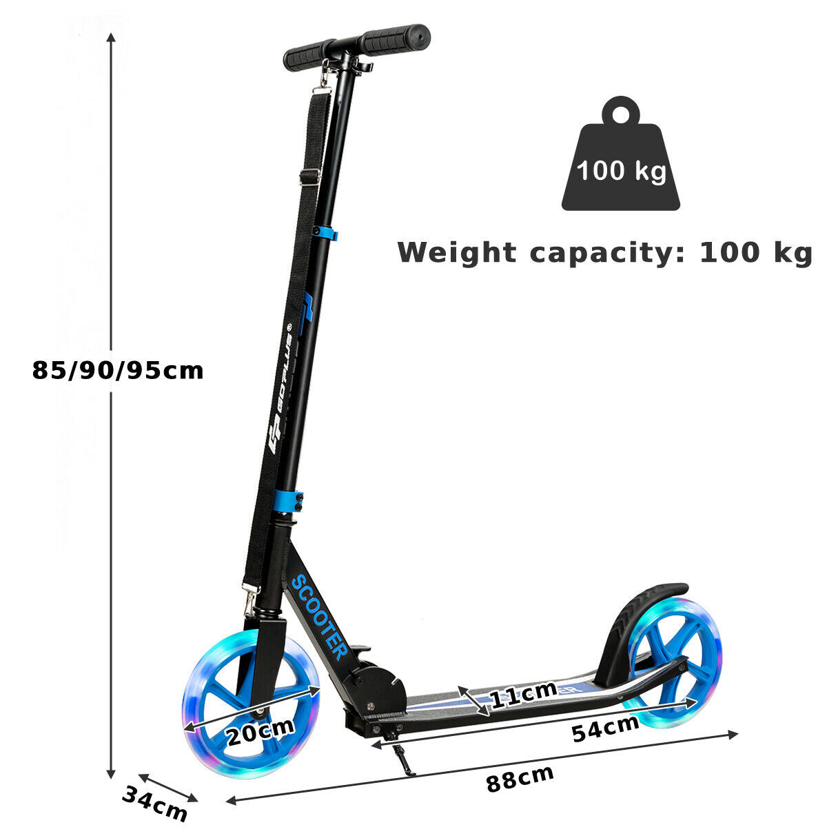 Diagram showing the dimensions of the blue kick scooter, including wheel size and length