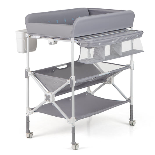Foldable Baby Changing Table with Wheels and Adjustable Height in grey with storage shelves