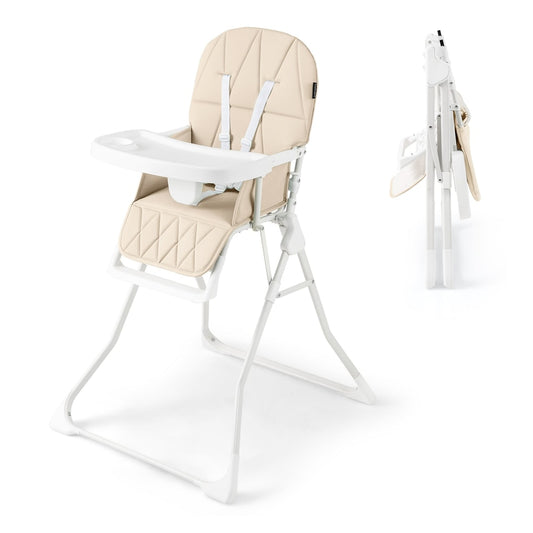 Foldable Baby High Chair with Removable Adjustable Tray in beige, shown from the front with a tray attached