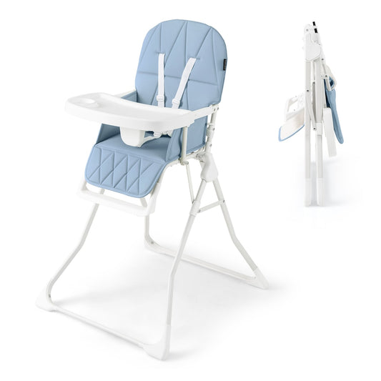 Foldable Baby High Chair with Removable Adjustable Tray in navy blue, shown from the front with the tray attached