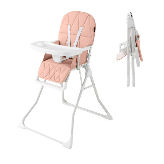 Foldable Baby High Chair with Removable Adjustable Tray in pink, shown open and folded