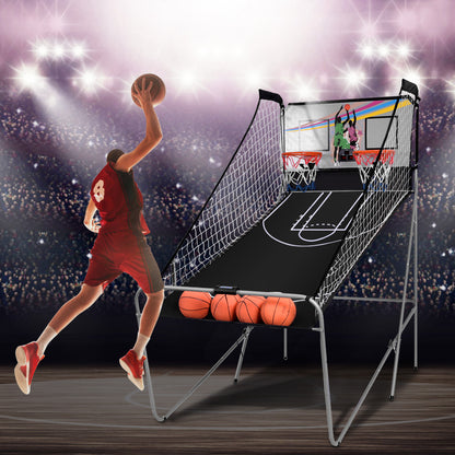 Two players shooting basketballs on the arcade game in a stadium setting