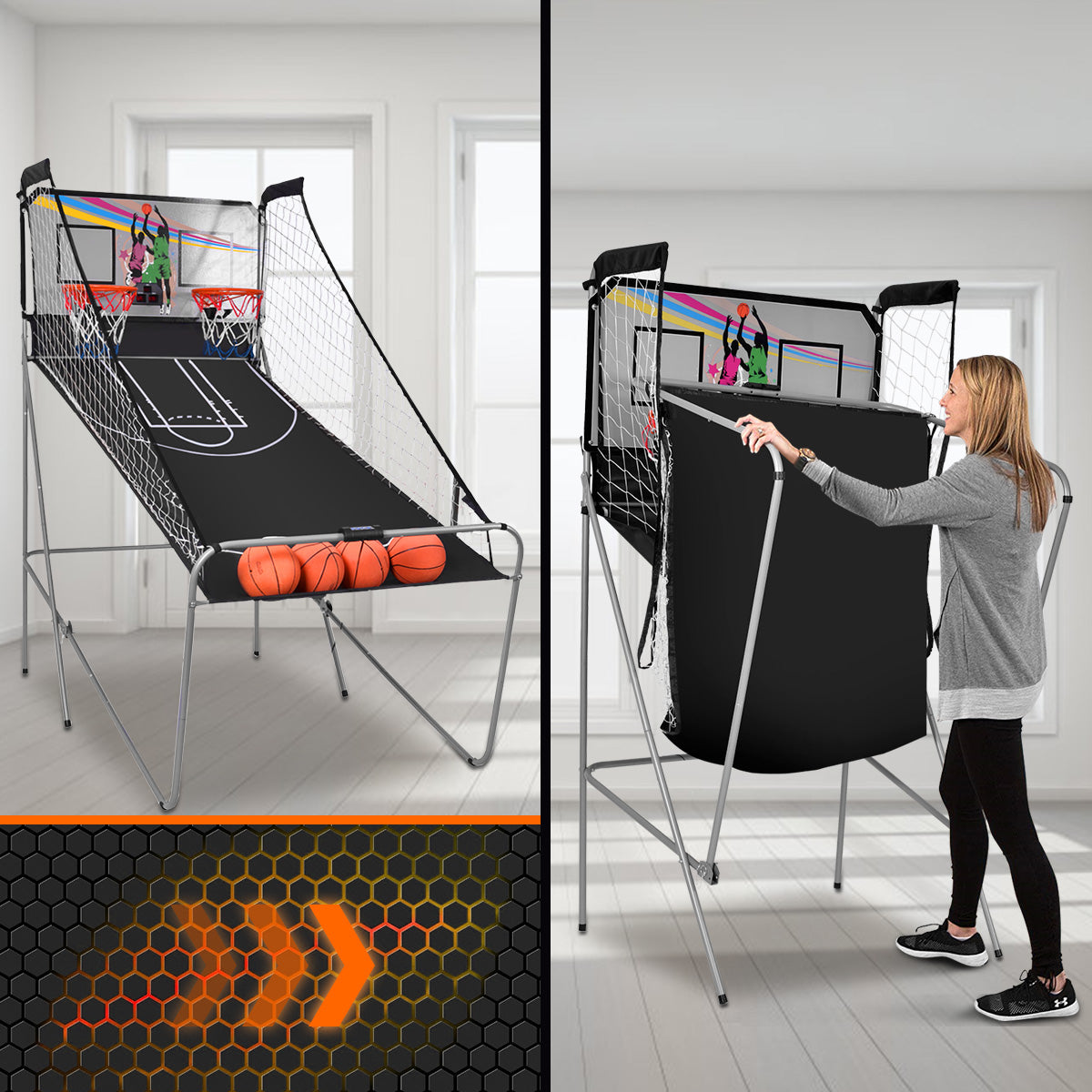 The basketball arcade game set up in a room and folded for storage