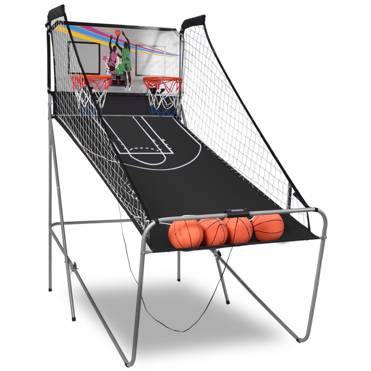 Foldable Basketball Arcade Game 2 Player Shooting Game-Grey with four basketballs on the court
