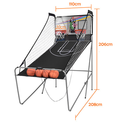 The grey foldable basketball arcade game with dimensions labelled