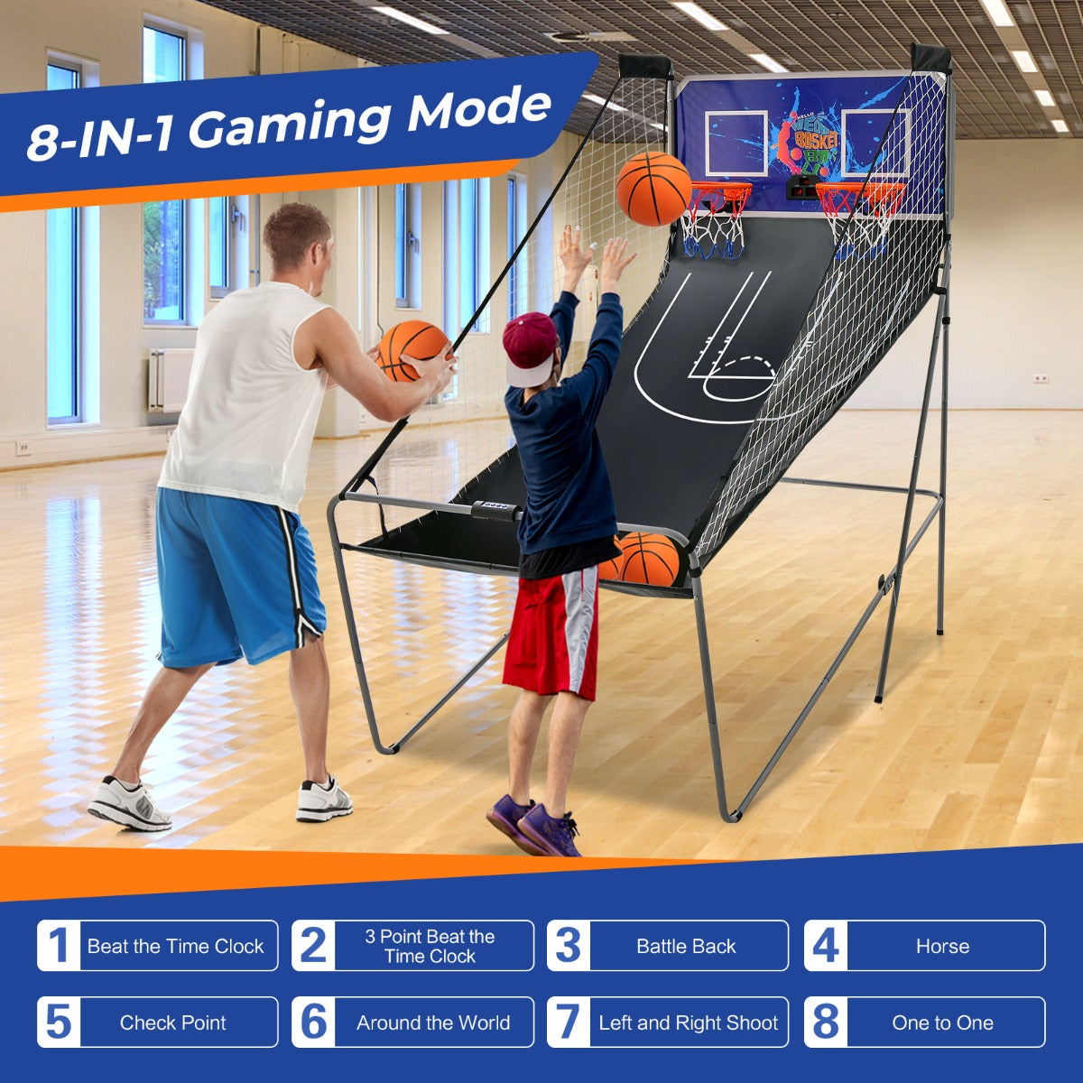 The navy foldable basketball arcade game is shown with two players and the gaming modes displayed