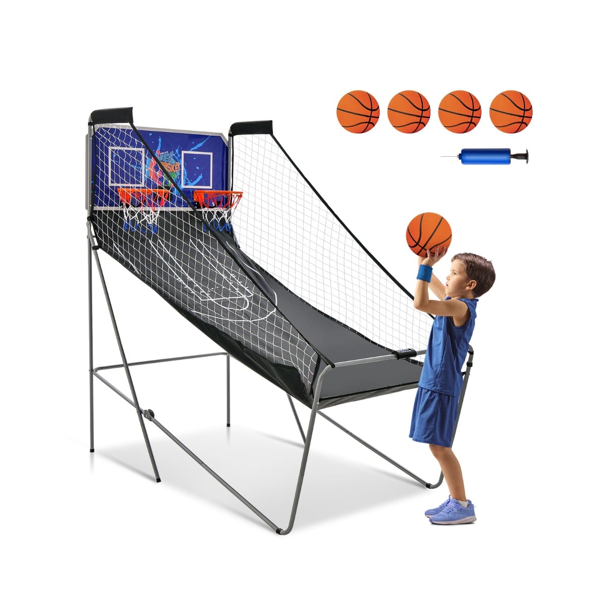 Foldable Basketball Arcade Game-Navy with four basketballs and a pump