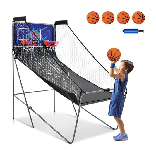 Foldable Basketball Arcade Game-Navy with four basketballs and a pump