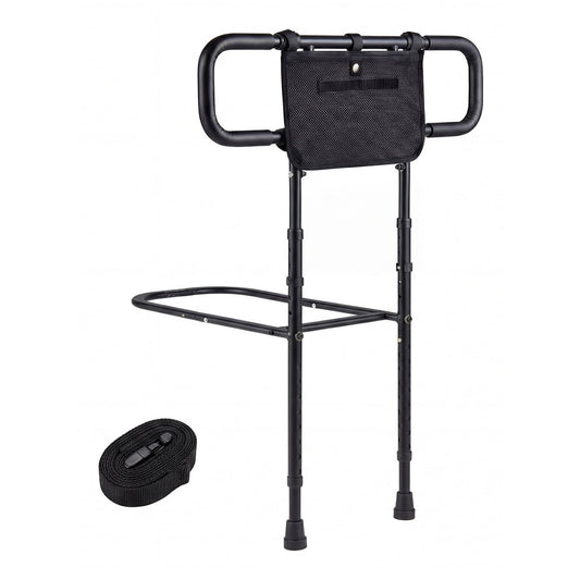 Foldable Bed Rail with a black storage pouch and a separate securing strap on a white background