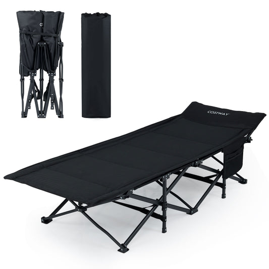Foldable Camping Cot for Adults Heavy Duty Sleeping Bed with Slanted Headrest-Black, shown set up and folded in its carry bag