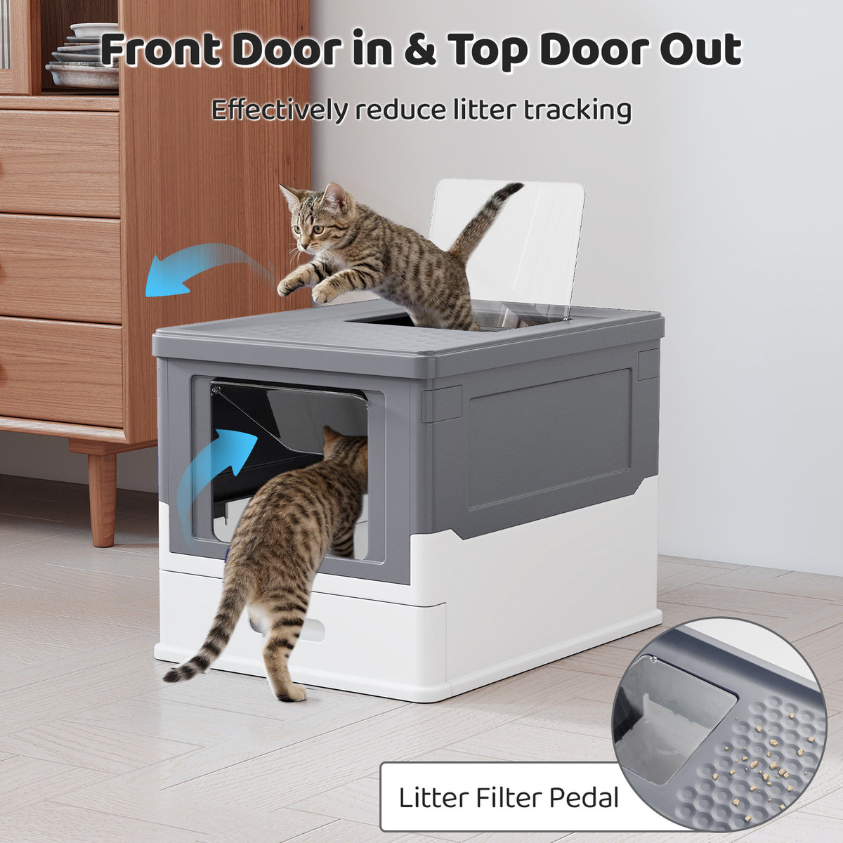 Two cats use the cat furniture, one entering through the front and one exiting the top