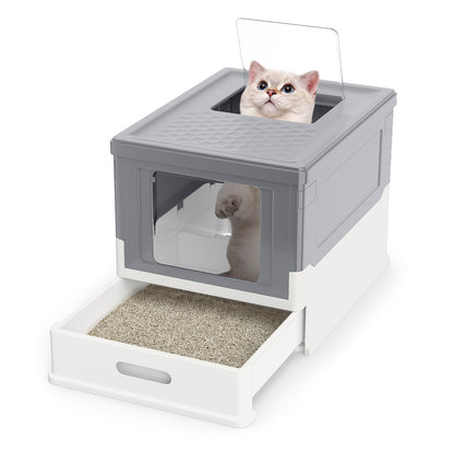 Foldable Cat Litter Box with a cat looking out of the top opening and a litter tray visible below