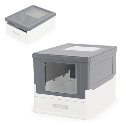 The grey and white foldable cat litter box shown from a side angle with the lid closed
