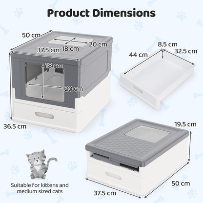 Product dimensions diagram showing the size of the grey and white foldable cat litter box